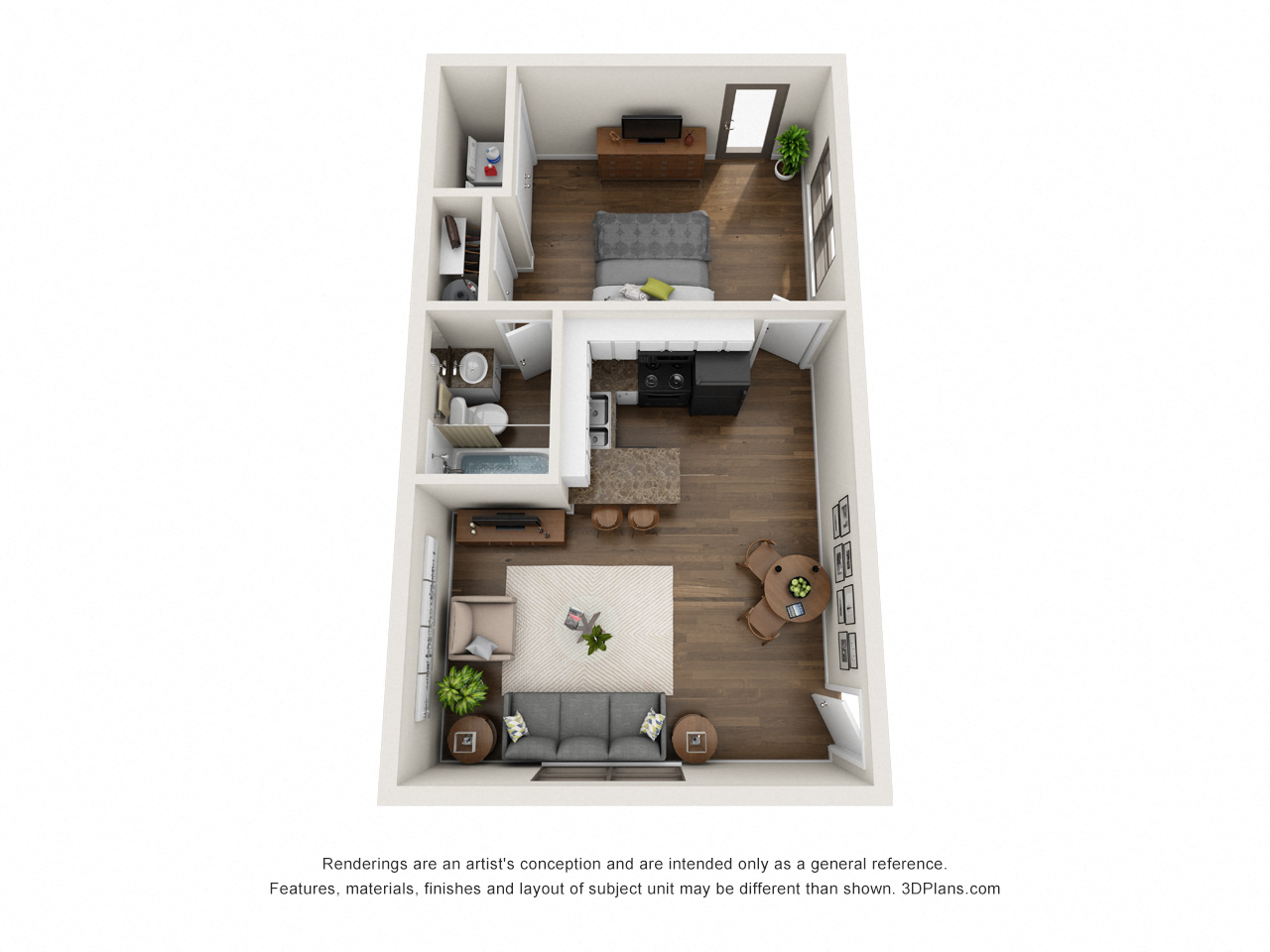 Floor plan for 1 bed, 1 bath, 650 sqft